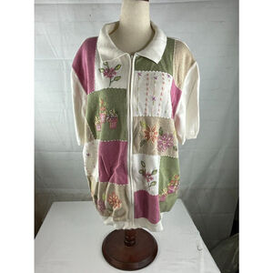Women’s Alfred Dunner Patchwork Embroidered Zip Up Sweater Size 2XL Short Sleeve